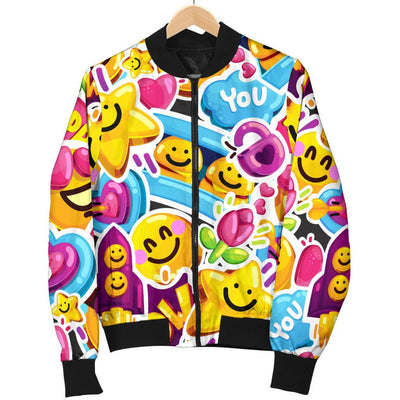 Emoji Sticker Print Pattern Women Casual Bomber Jacket