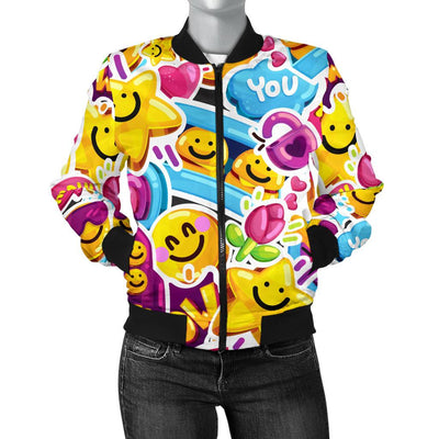 Emoji Sticker Print Pattern Women Casual Bomber Jacket