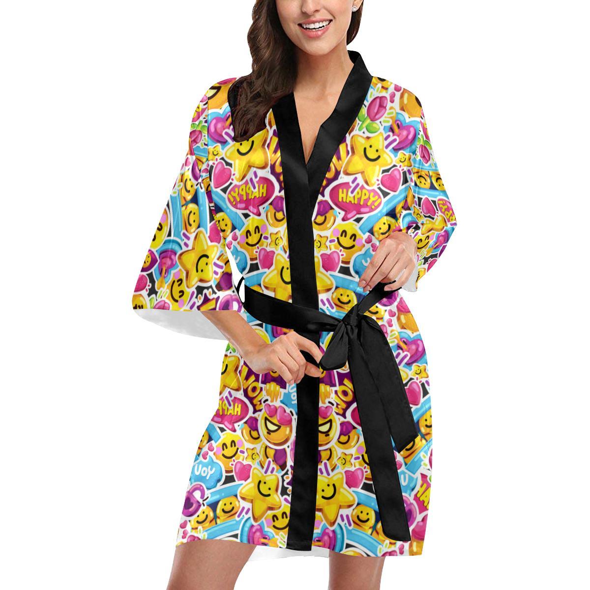Emoji Sticker Print Pattern Women Short Kimono Robe