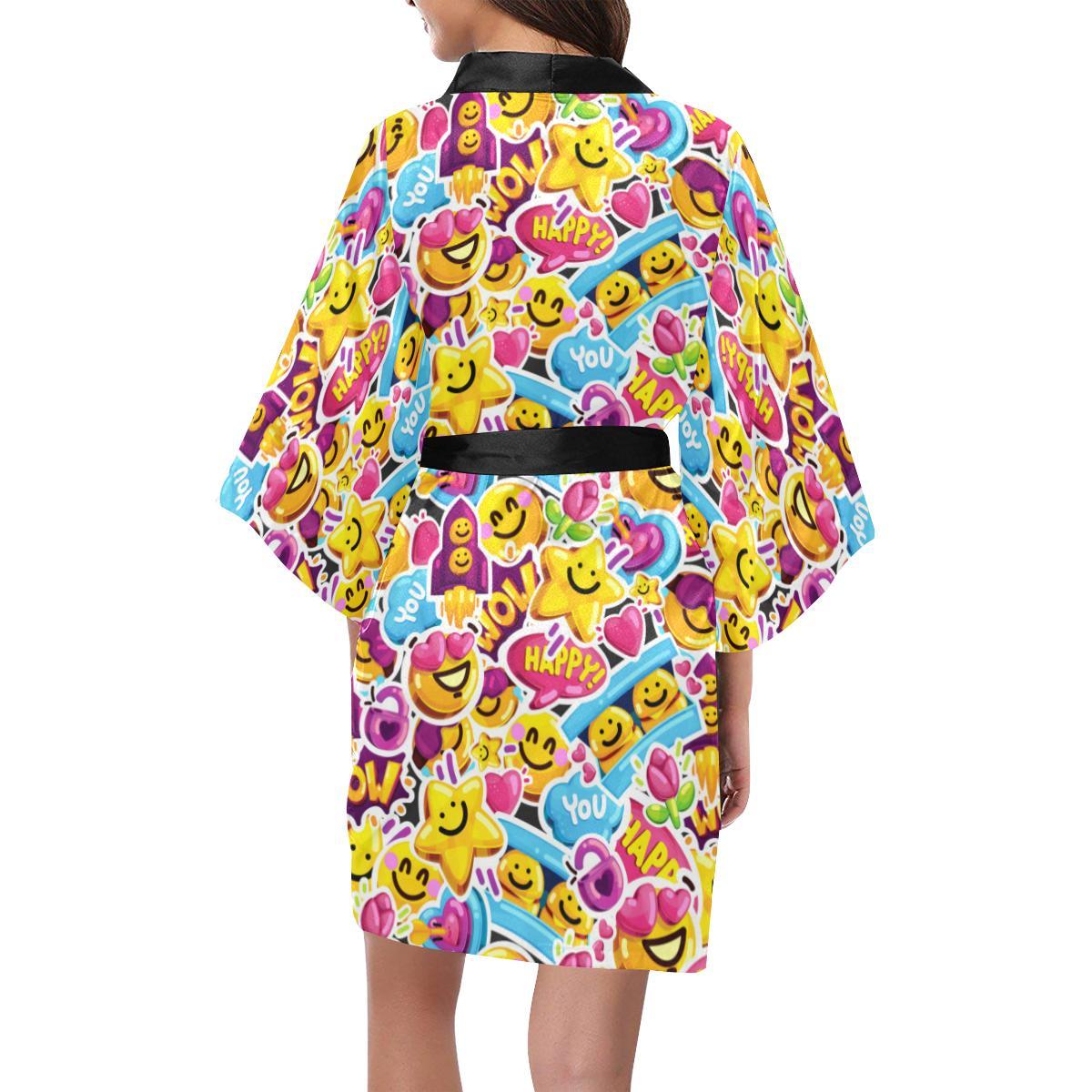 Emoji Sticker Print Pattern Women Short Kimono Robe
