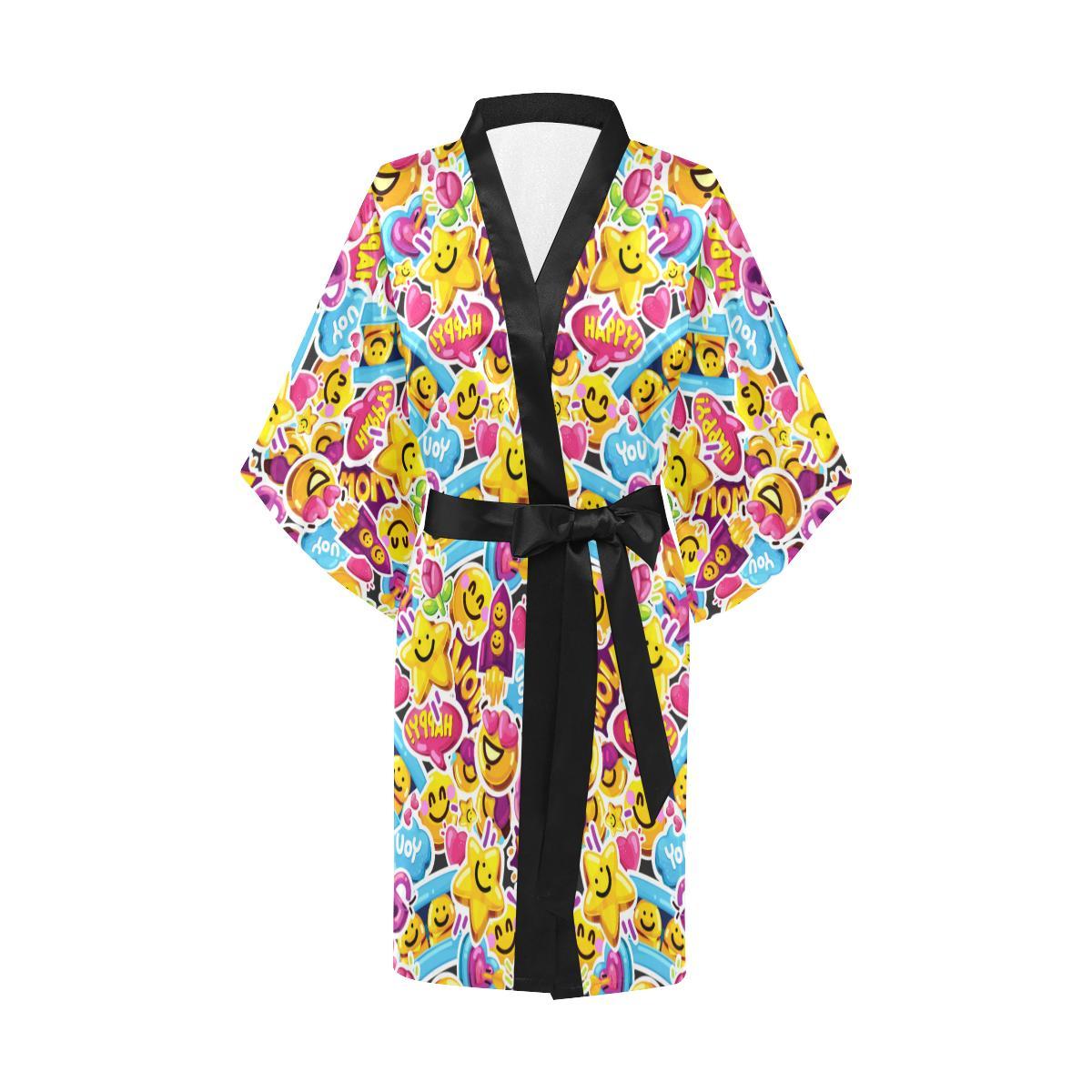 Emoji Sticker Print Pattern Women Short Kimono Robe
