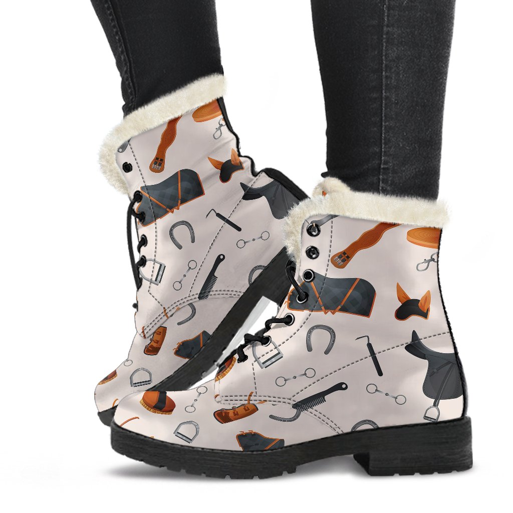 Equestrian Equipment Print Pattern Faux Fur Leather Boots-JTAMIGO.COM