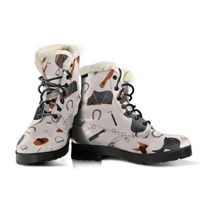 Equestrian Equipment Print Pattern Faux Fur Leather Boots-JTAMIGO.COM