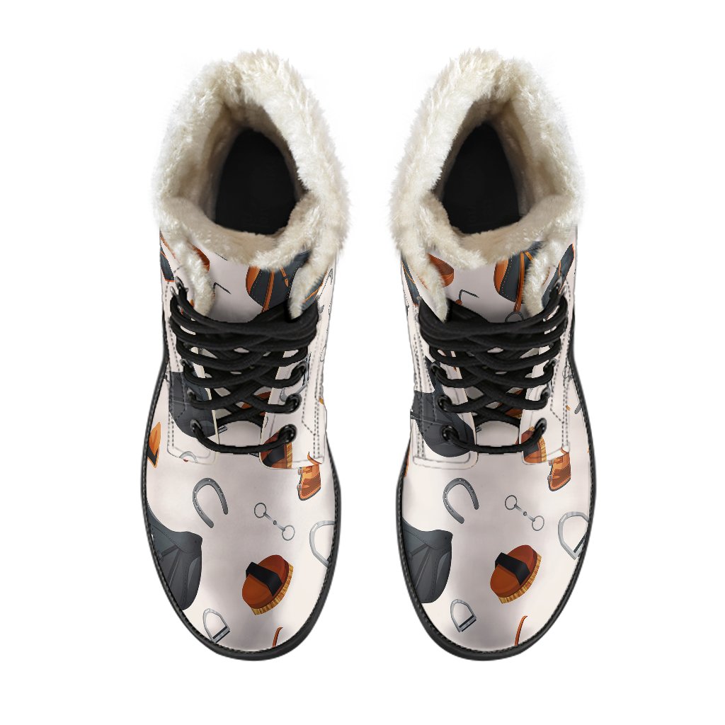 Equestrian Equipment Print Pattern Faux Fur Leather Boots-JTAMIGO.COM