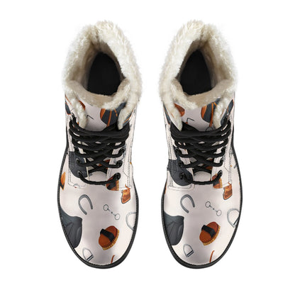 Equestrian Equipment Print Pattern Faux Fur Leather Boots-JTAMIGO.COM
