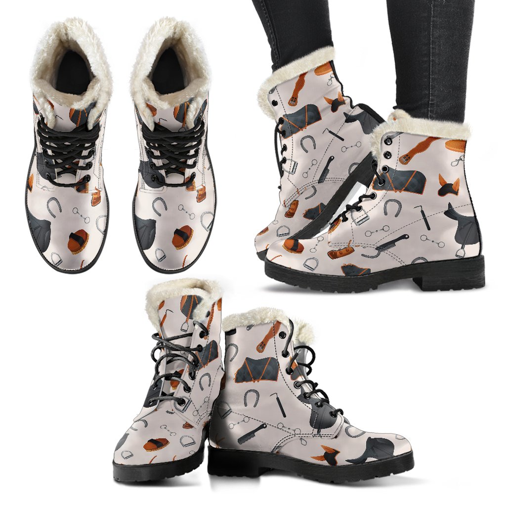 Equestrian Equipment Print Pattern Faux Fur Leather Boots-JTAMIGO.COM