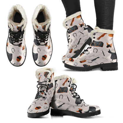 Equestrian Equipment Print Pattern Faux Fur Leather Boots-JTAMIGO.COM