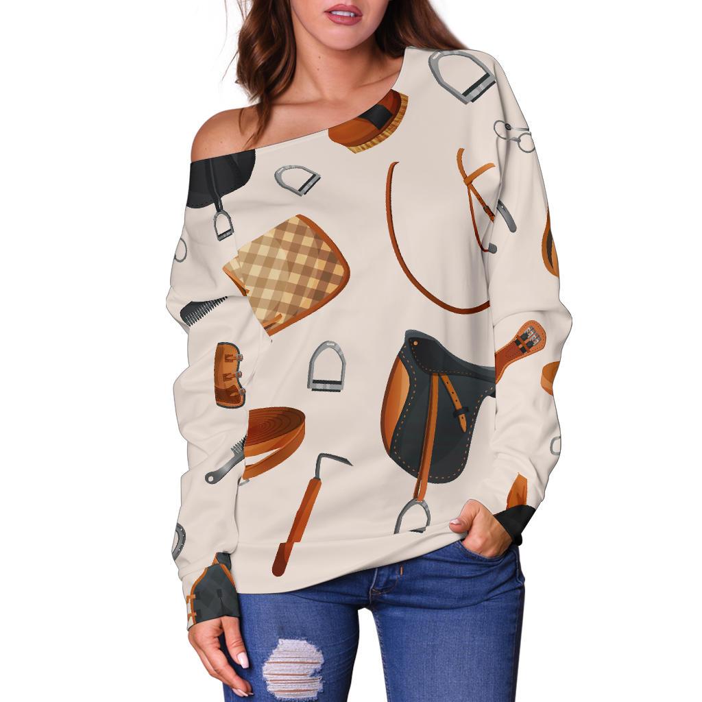 Equestrian Equipment Print Pattern Off Shoulder Sweatshirt