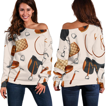 Equestrian Equipment Print Pattern Off Shoulder Sweatshirt