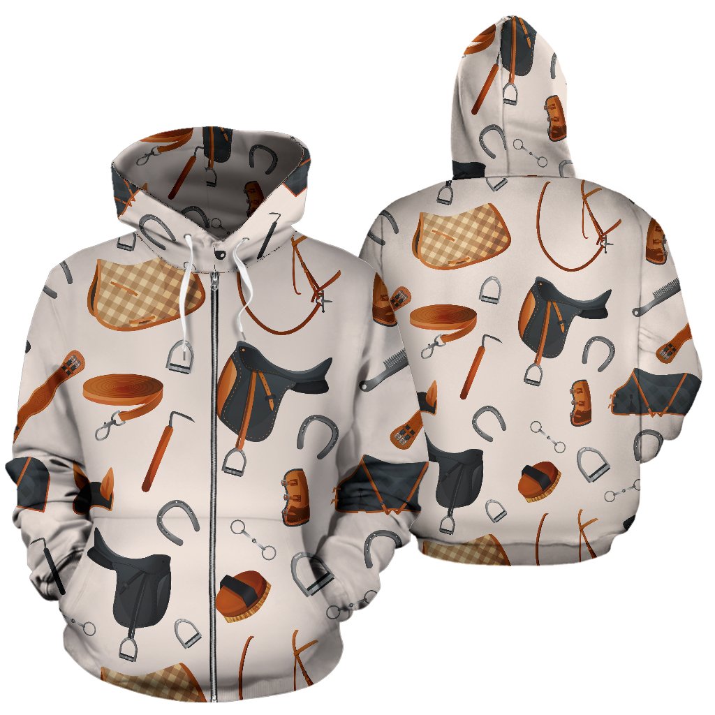 Equestrian Equipment Print Pattern Zip Up Hoodie