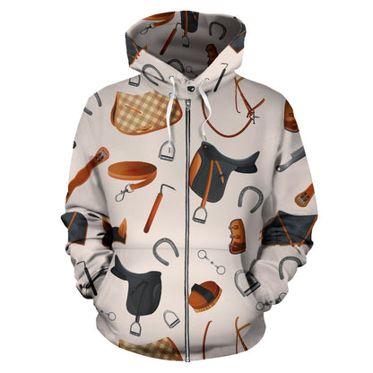 Equestrian Equipment Print Pattern Zip Up Hoodie