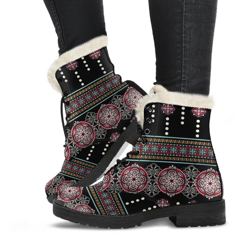 Ethnic Dot Style Print Pattern Faux Fur Leather Boots-JTAMIGO.COM