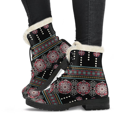 Ethnic Dot Style Print Pattern Faux Fur Leather Boots-JTAMIGO.COM