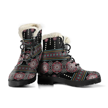 Ethnic Dot Style Print Pattern Faux Fur Leather Boots-JTAMIGO.COM