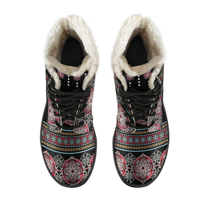 Ethnic Dot Style Print Pattern Faux Fur Leather Boots-JTAMIGO.COM