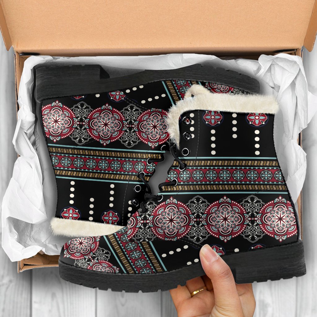 Ethnic Dot Style Print Pattern Faux Fur Leather Boots-JTAMIGO.COM