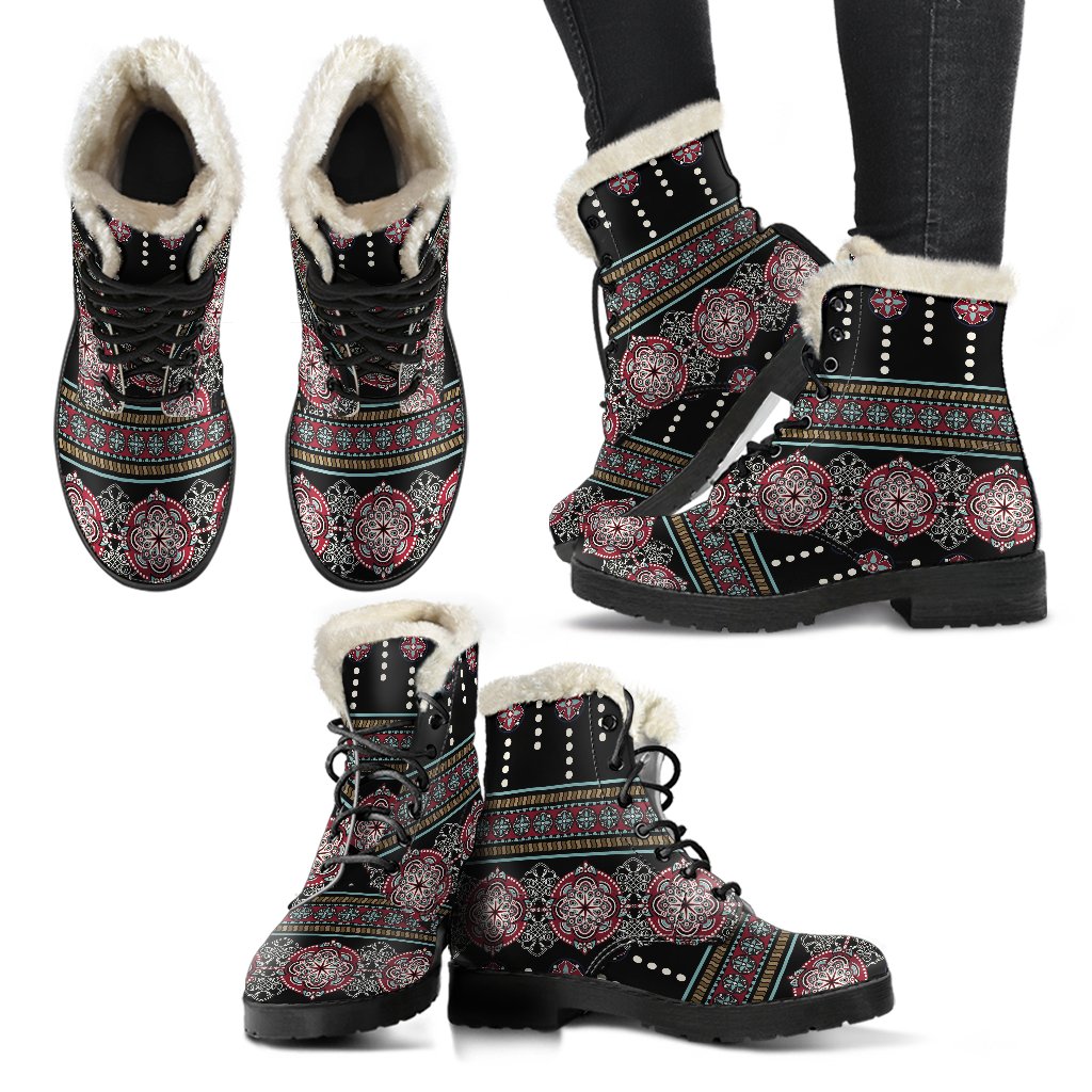 Ethnic Dot Style Print Pattern Faux Fur Leather Boots-JTAMIGO.COM