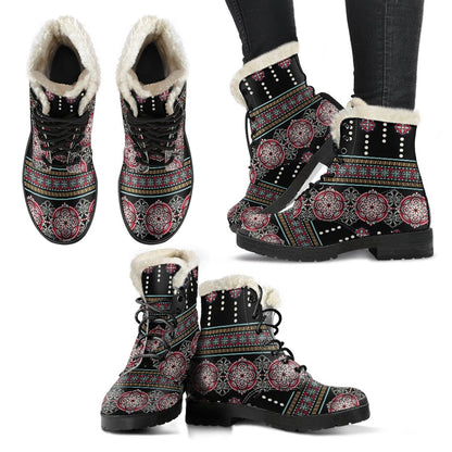 Ethnic Dot Style Print Pattern Faux Fur Leather Boots-JTAMIGO.COM