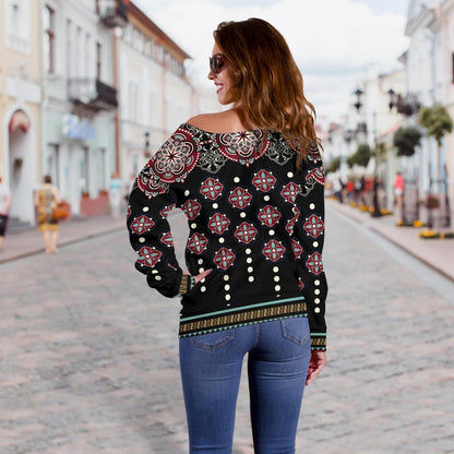 Ethnic Dot Style Print Pattern Off Shoulder Sweatshirt