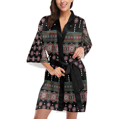Ethnic Dot Style Print Pattern Women Short Kimono Robe