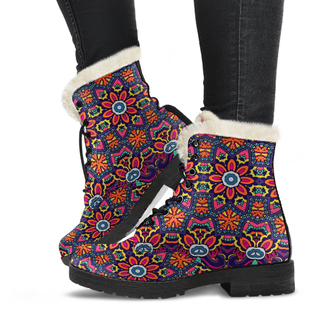 Ethnic Flower Style Print Pattern Faux Fur Leather Boots-JTAMIGO.COM
