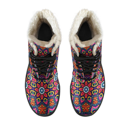 Ethnic Flower Style Print Pattern Faux Fur Leather Boots-JTAMIGO.COM
