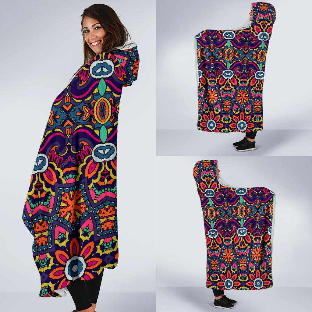 Ethnic Flower Style Print Pattern Hooded Blanket-JTAMIGO.COM