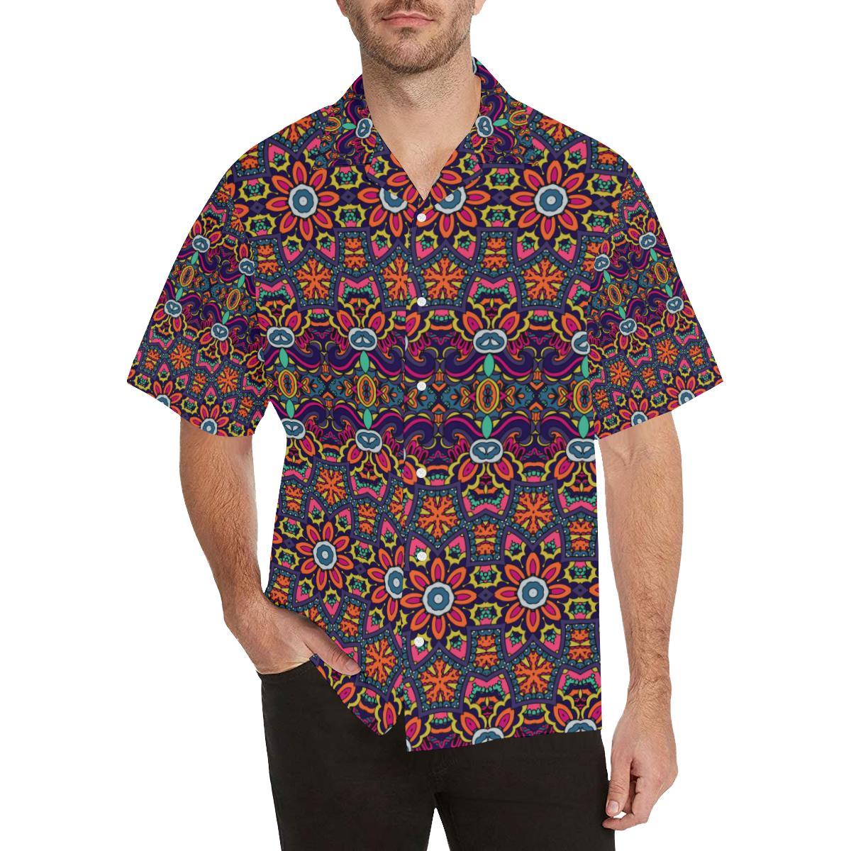 Ethnic Flower Style Print Pattern Men Aloha Hawaiian Shirt