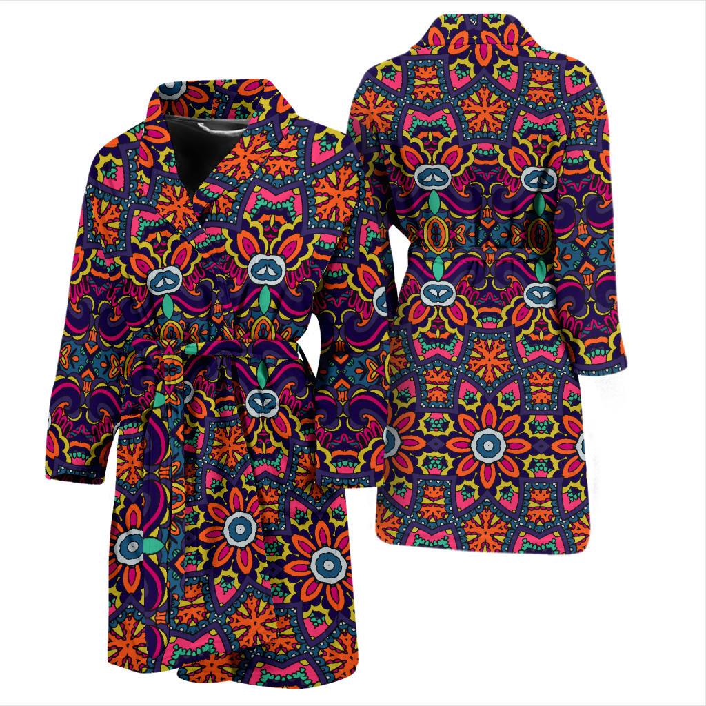 Ethnic Flower Style Print Pattern Men Bath Robe-JTAMIGO.COM