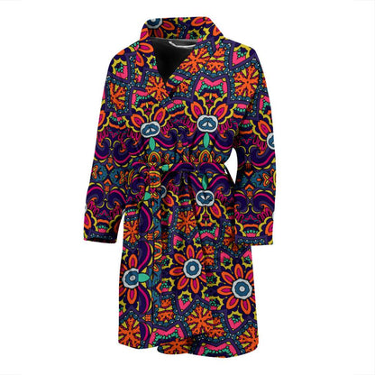 Ethnic Flower Style Print Pattern Men Bath Robe-JTAMIGO.COM