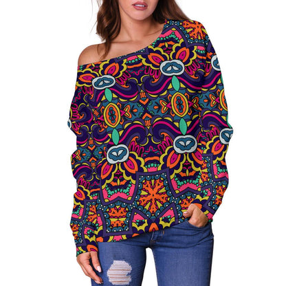 Ethnic Flower Style Print Pattern Off Shoulder Sweatshirt