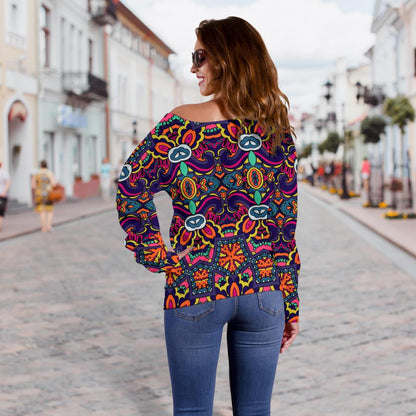 Ethnic Flower Style Print Pattern Off Shoulder Sweatshirt