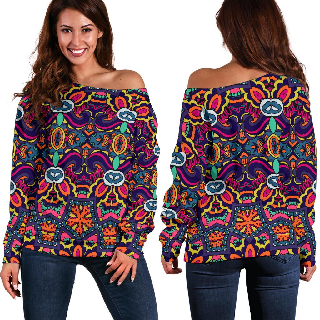 Ethnic Flower Style Print Pattern Off Shoulder Sweatshirt
