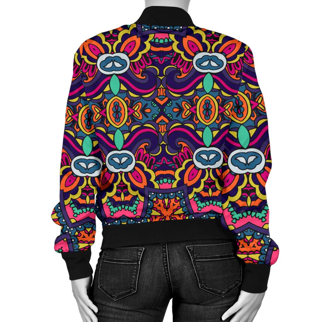 Ethnic Flower Style Print Pattern Women Casual Bomber Jacket