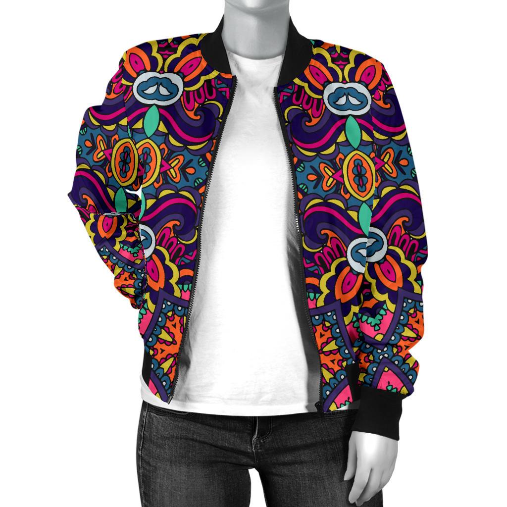 Ethnic Flower Style Print Pattern Women Casual Bomber Jacket