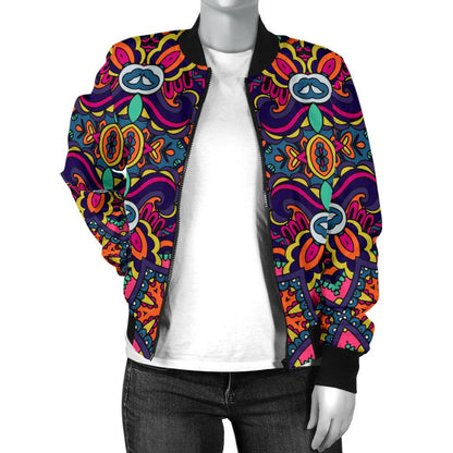 Ethnic Flower Style Print Pattern Women Casual Bomber Jacket