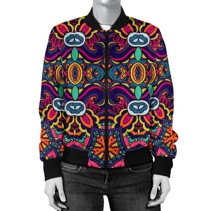 Ethnic Flower Style Print Pattern Women Casual Bomber Jacket
