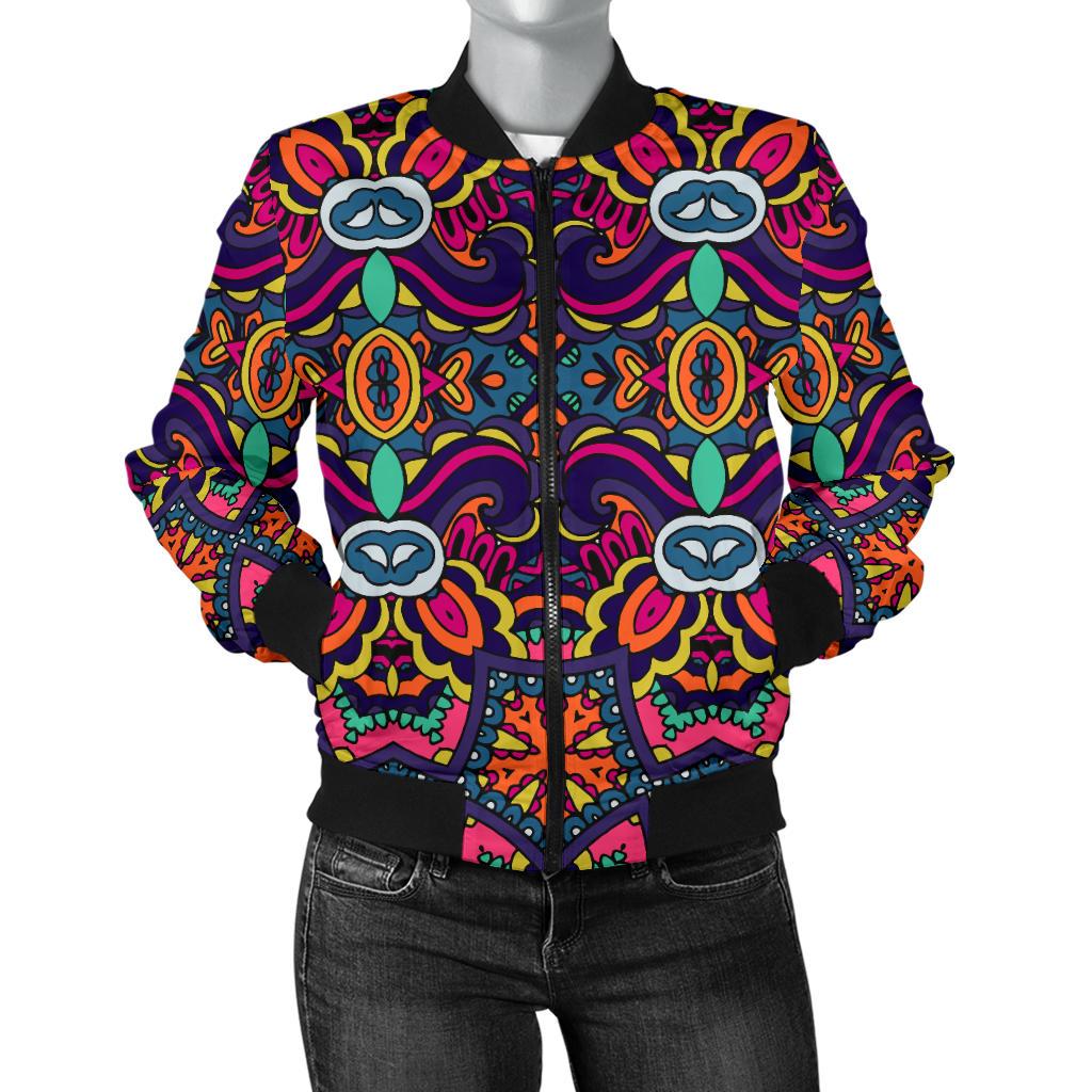 Ethnic Flower Style Print Pattern Women Casual Bomber Jacket
