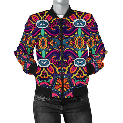 Ethnic Flower Style Print Pattern Women Casual Bomber Jacket