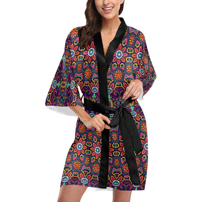 Ethnic Flower Style Print Pattern Women Short Kimono Robe