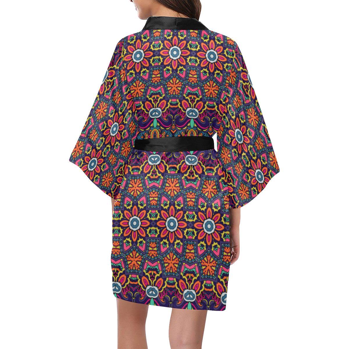 Ethnic Flower Style Print Pattern Women Short Kimono Robe