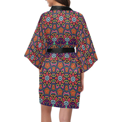 Ethnic Flower Style Print Pattern Women Short Kimono Robe