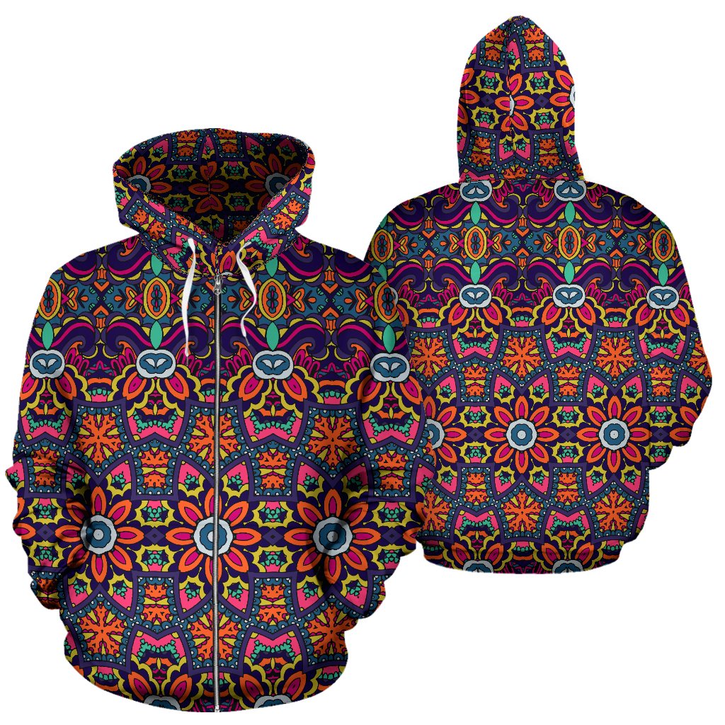 Ethnic Flower Style Print Pattern Zip Up Hoodie