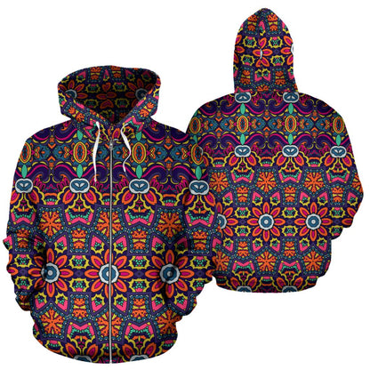 Ethnic Flower Style Print Pattern Zip Up Hoodie
