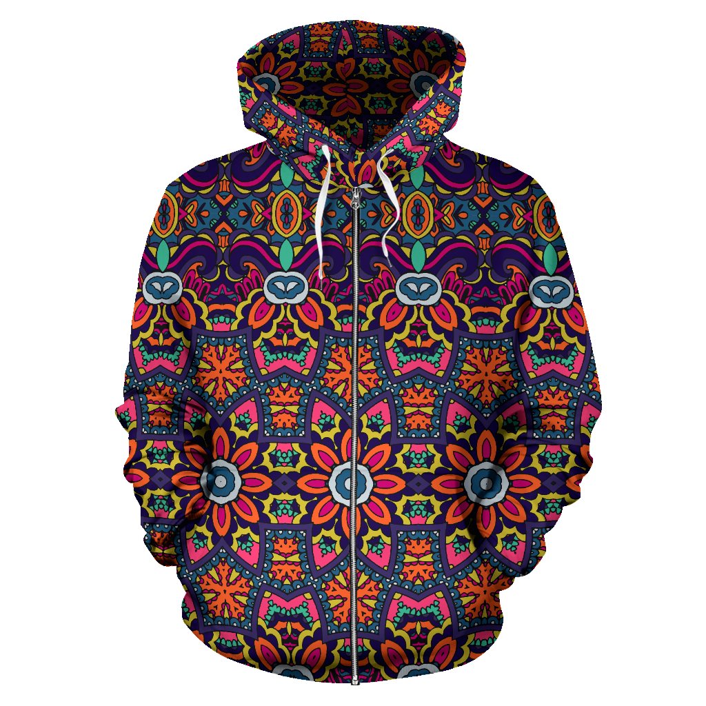 Ethnic Flower Style Print Pattern Zip Up Hoodie