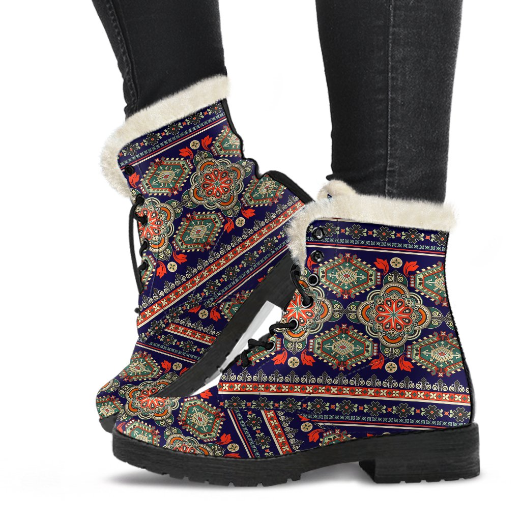 Ethnic Geometric Print Pattern Faux Fur Leather Boots-JTAMIGO.COM