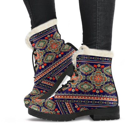 Ethnic Geometric Print Pattern Faux Fur Leather Boots-JTAMIGO.COM