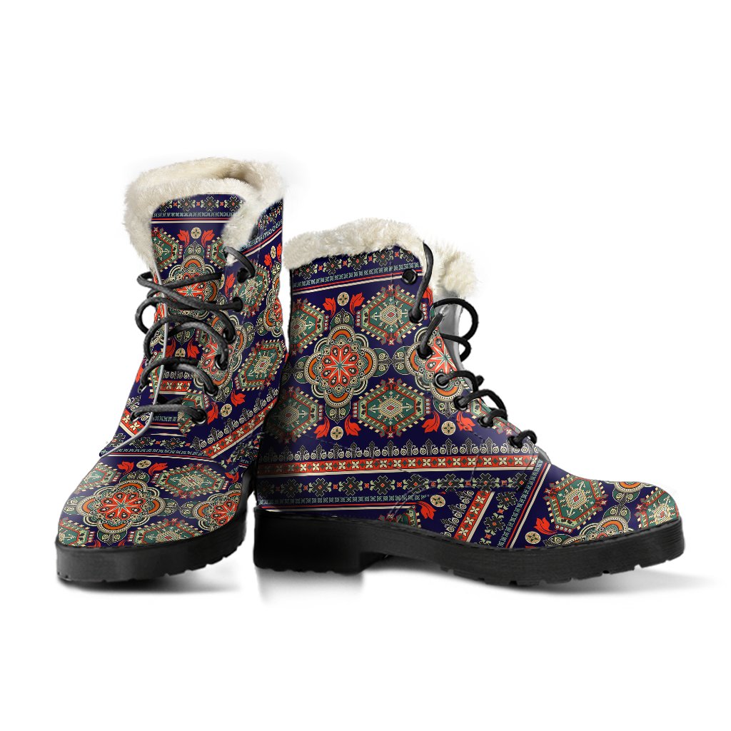 Ethnic Geometric Print Pattern Faux Fur Leather Boots-JTAMIGO.COM