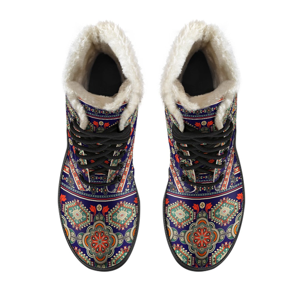 Ethnic Geometric Print Pattern Faux Fur Leather Boots-JTAMIGO.COM