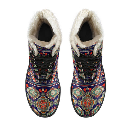 Ethnic Geometric Print Pattern Faux Fur Leather Boots-JTAMIGO.COM